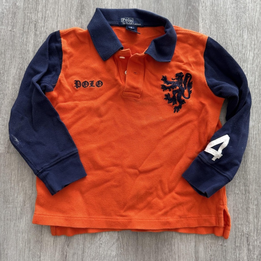 Vintage Polo Ralph Lauren Rugby Shirt Boys 5 Orange Navy Long Sleeve Dragon